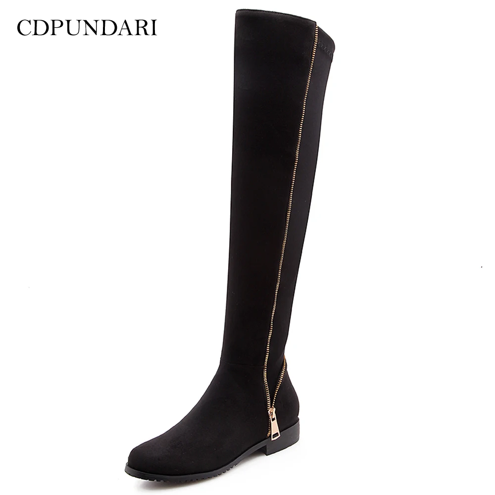 

CDPUNDARI Stretch Fabric knee high boots women Low heels Winter boots shoes woman