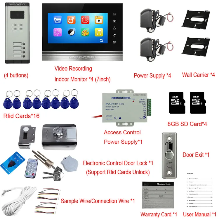 Для 4 квартиры видеозапись Проводной Домашний видеодомофон Rfid замок видеофон 8 Гб " sd-карта внутренний монитор 4 единицы домофона