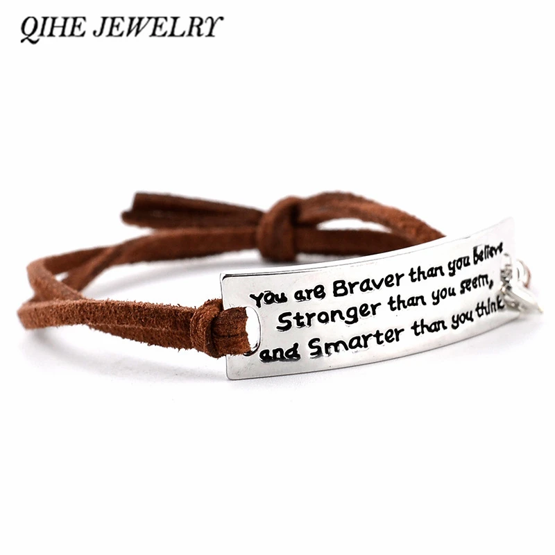

QIHE JEWELRY "You are braver than you believe..."Inspirational Message Words Charm Imitation Bracelets Brown Cord