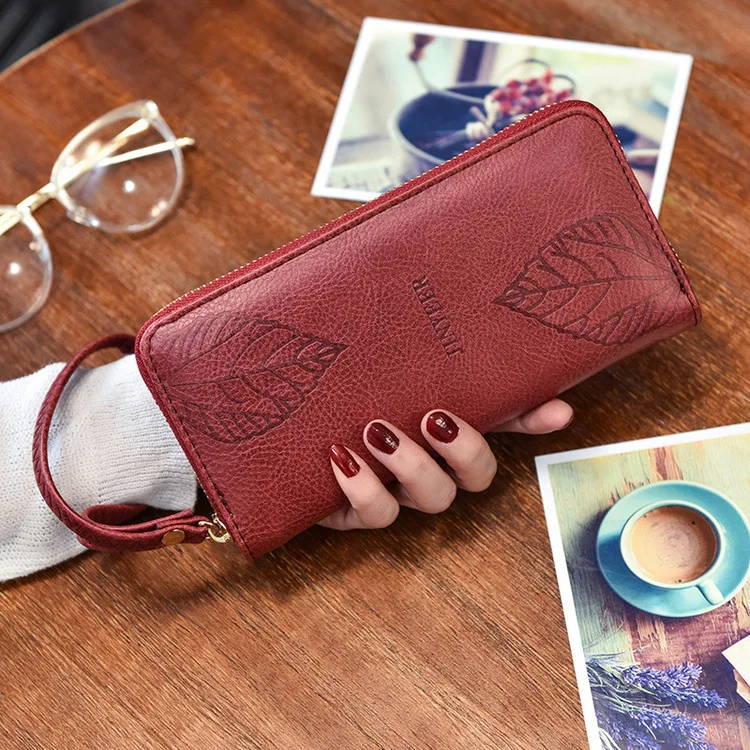 

Brand Women Leaves Wallet High Quality Vintage Long Wallets Zipper Female Wallet Luxury Designer Purse PU Leather 2018 New