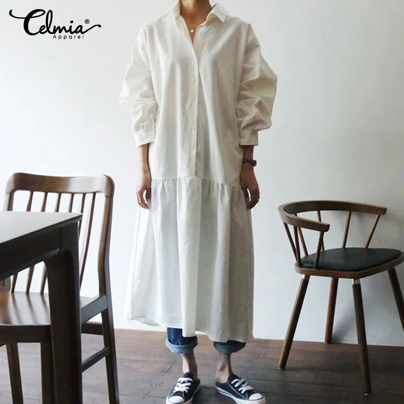 

Women Pleated Shirts Dress Celmia 2020 Casual Solid Long Sleeve Buttons Ruffles Hem Dress Loose Pockets Robe Vestidos Mujer 5XL