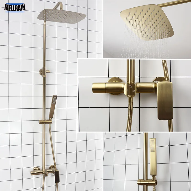 Bathroom Rain Shower Set Brushed Gold And Black Solid Brass Bath