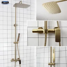 Bathroom Rain Shower Set Brushed Gold And Black Solid Brass Bath Shower Faucet Quality Wall Mounted Water Mixer Bath System Bathroom Rain Shower Set Brushed Gold And Black Solid Brass Bath Shower Faucet Quality Wall Mounted Water Mixer Bath System