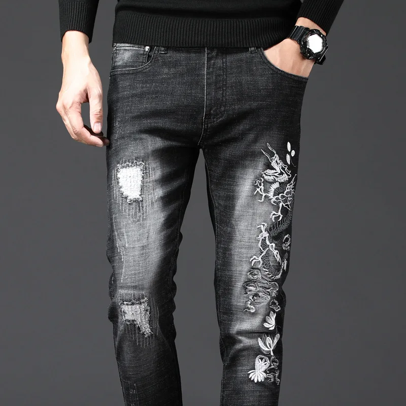 Новые стильные мужские джинсы с вышивкой длинные брюки с узкими брюками для мужчин модные классические черные мужские джинсы