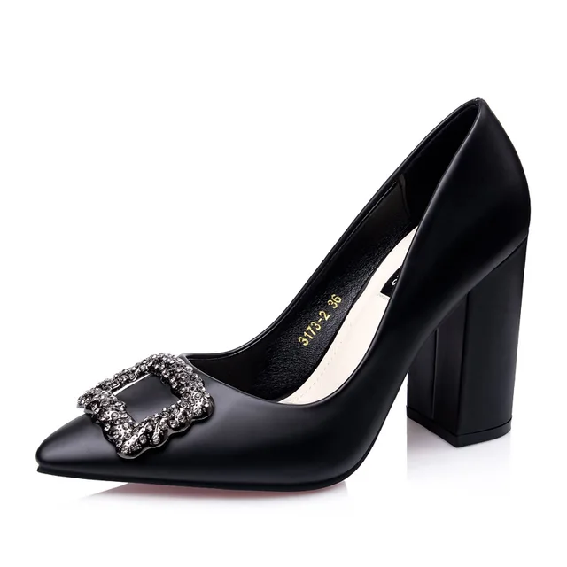 New Pointed Toe Block Heels Rhinestone Shoes Woman Autumn 2018 Purple Black High Heel Pumps Women Office Wedding Shoes