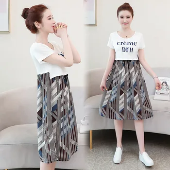 

2019 summer new pregnant women short-sleeved breastfeeding dress Korean fashion stitching print pregnancy skirt