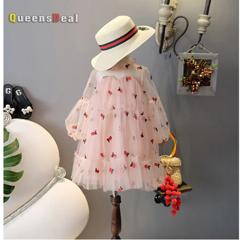 

MERI AMMI Children Girl Clothing Mesh Sleeves Princess Soft Dress Fruits Floral Dress For 2-9 Year Baby Kids