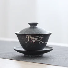 Фарфоровая черная железная глазурь gaiwan с рисунком орхидеи, китайская чашка чая, кружка, набор, набор gaiwan, керамическая чашка с блюдцем, крышка