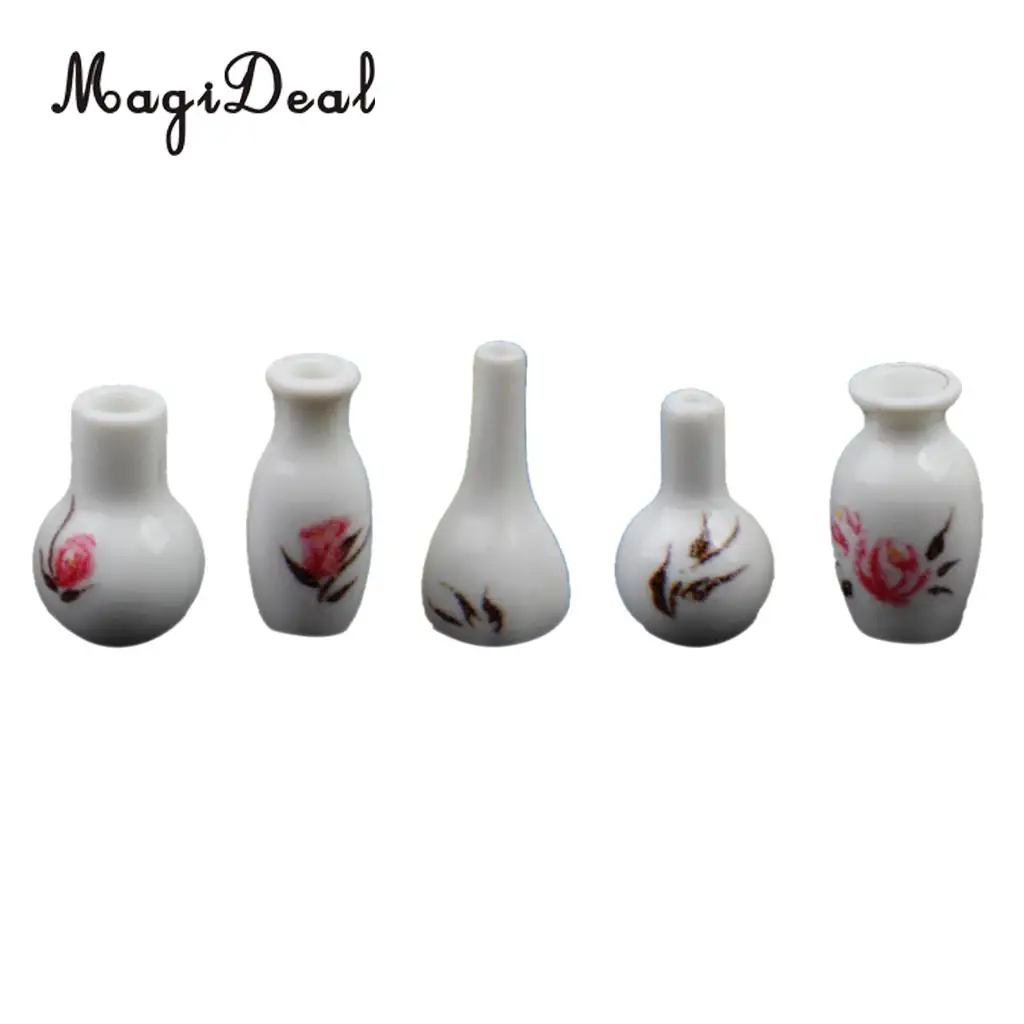 MagiDeal 1/12 Scale Dollhouse Miniature White ABS plastic Vase Jars with Floral Printed for Kitchen Furniture Pretend Play Toys