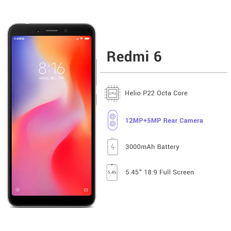 Xiaomi Redmi 6 с глобальной версией, 4 Гб ОЗУ, 64 Гб ПЗУ, мобильный телефон Helio P22, четыре ядра, 12 Мп+ 5 МП, двойная камера, 5,45 дюймов, 18:9, полный экран