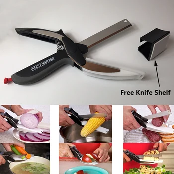 

2018 New Multi-Function Smart Clever Cutter Scissor 2 in 1 Cutting Board Utility Cutter Vegetable Knife + Free Knife Shelf
