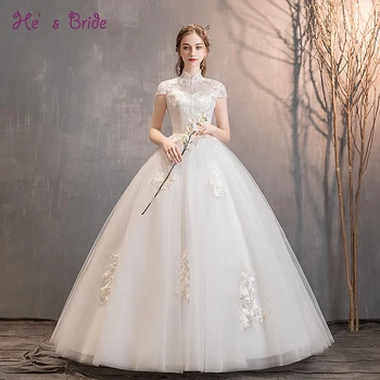 

He's Bride New White High-neck Floor-Length Lace Appliques Simple Wedding Dresses Vestidos De Novia 2019 Custom Made