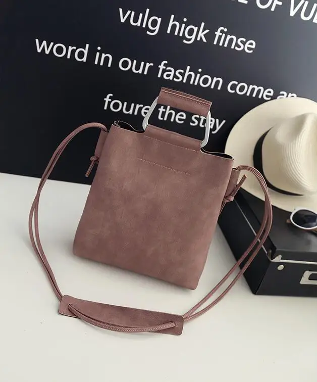 

New Bucket PU Leather Handbags Iron Handle Messenger Bags For Women Solid Color Shoulder Bag Purse Suction Button Crossbody Bags