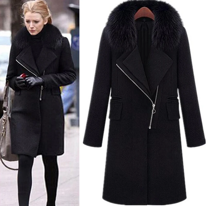 2016 Autumn Winter Coat Women Wool Zipper Jackets Fur Collar Long Woolen Black Coats Black