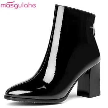 

Masgulahe 2018 fashion autumn winter boots women zip elegant cow patent leather boots high heels ankle boots big size 34-43