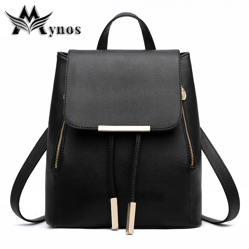 Mynos Brand Women Bag Preppy Backpack Leather Student Zipper Bags Ladies Bolsas Casual Backpacks