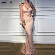 Розовые длинные Фонари рукавом Русалка Вечерние платья с бусинами; туфли ручной работы с цветочным рисунком; модные дизайнерские вечерние платье Serene Hill LA70074