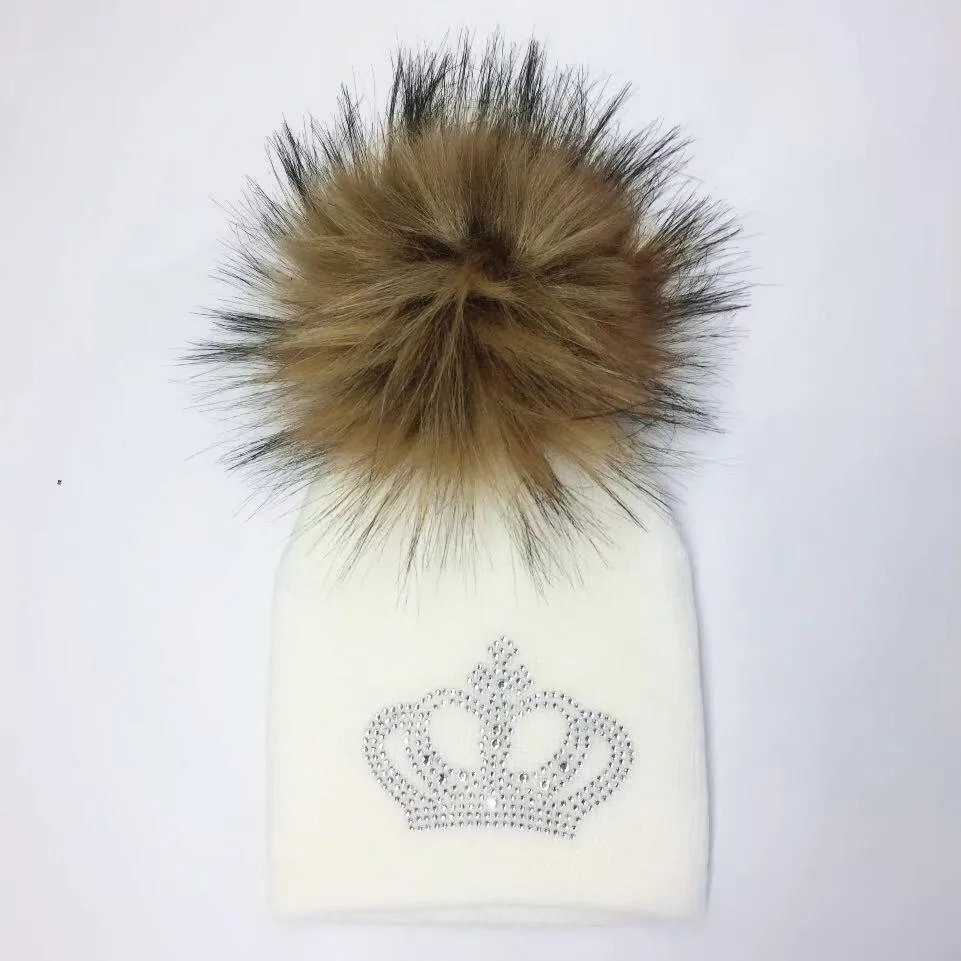 Детская вязаная теплая Зимняя шерстяная шапка с алмазной вышивкой для девочек и мальчиков, Детские повседневные шапочки короны с помпоном из искусственного меха - Цвет: crown white 2