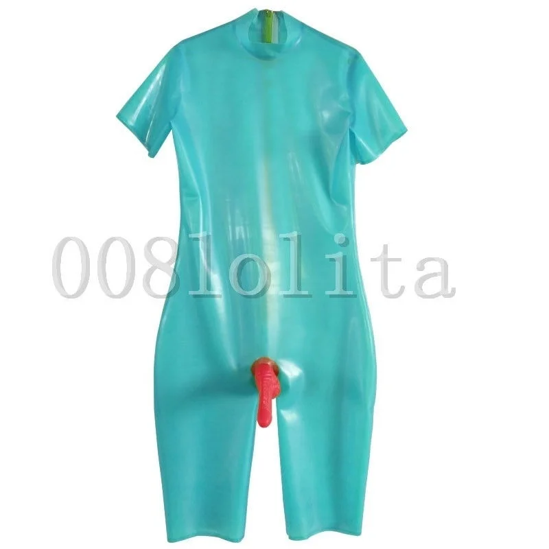 

100% Latex Rubber Handsome Cool Light Blue with Red Sheath Catsuit Size XXS~XXL