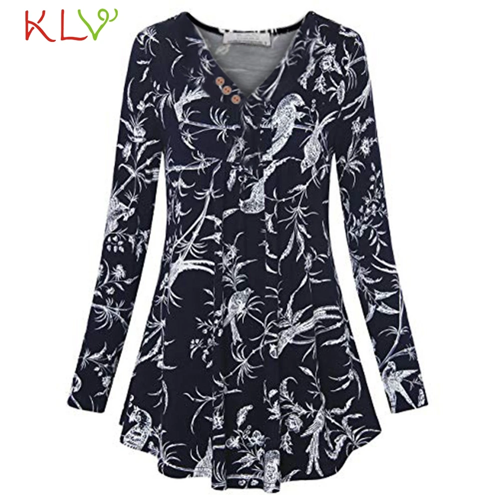 Women Top Print V-neck Button Pullover Modis Winter Autumn Long Sleeve T shirt Casual Female T-shirt Plus Size 18Nov7