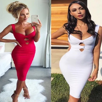 

2018 New Arrival Fashion Bandage Dress Summer Chic White Red Spaghetti Strap V Neck Sexy Bodycon Evening Party Dresses Vestidos