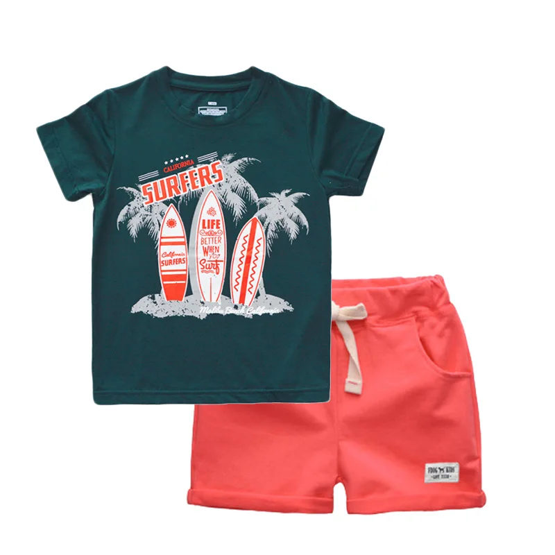 BINIDUCKLING/Детская летняя футболка с короткими рукавами и круглым вырезом для мальчиков; комплекты из топа и штанов; пляжные хлопковые комплекты с героями мультфильмов для маленьких детей - Цвет: 16