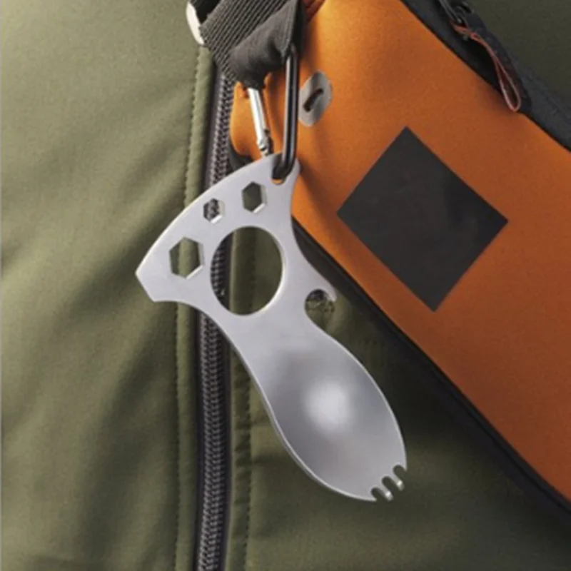 

5 in1 Multifunctional Camping Equipment Cookware Spoon Fork Bottle Opener Carabiner Screwdriver Wrench Outdoor Tableware Tools