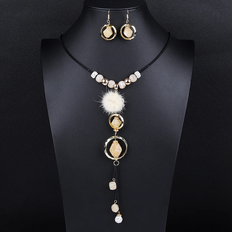 Crazy Feng Luxury Acrylic Beaded Jewelry Set Long Pendant Necklaces Drop Earrings For Women Vintage Dubai Costume Jewerly NE+EA - Окраска металла: 892