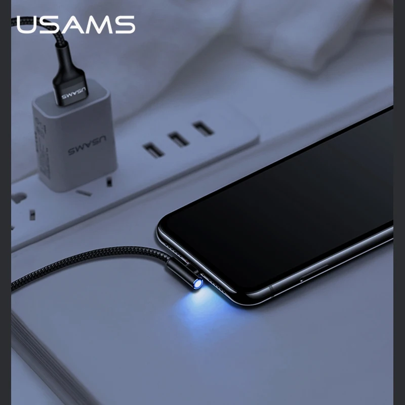 Beste USAMS LED 90 Graden voor Lightning Kabel Licht Gevlochten L Telefoon Kabel voor iPhone 6 7 8 X 2A Snelle USB Opladen Game Data Cable Cord