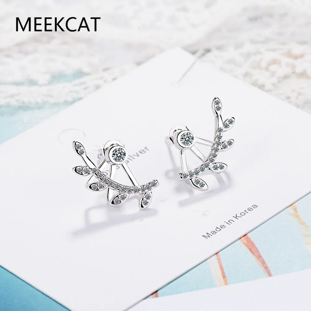 

MEEKCAT Exquisite 925 Sterling Silver Jewelry Front Back Double Sided Branch Leaves Petals Zircon Stud Earring brincos For Women
