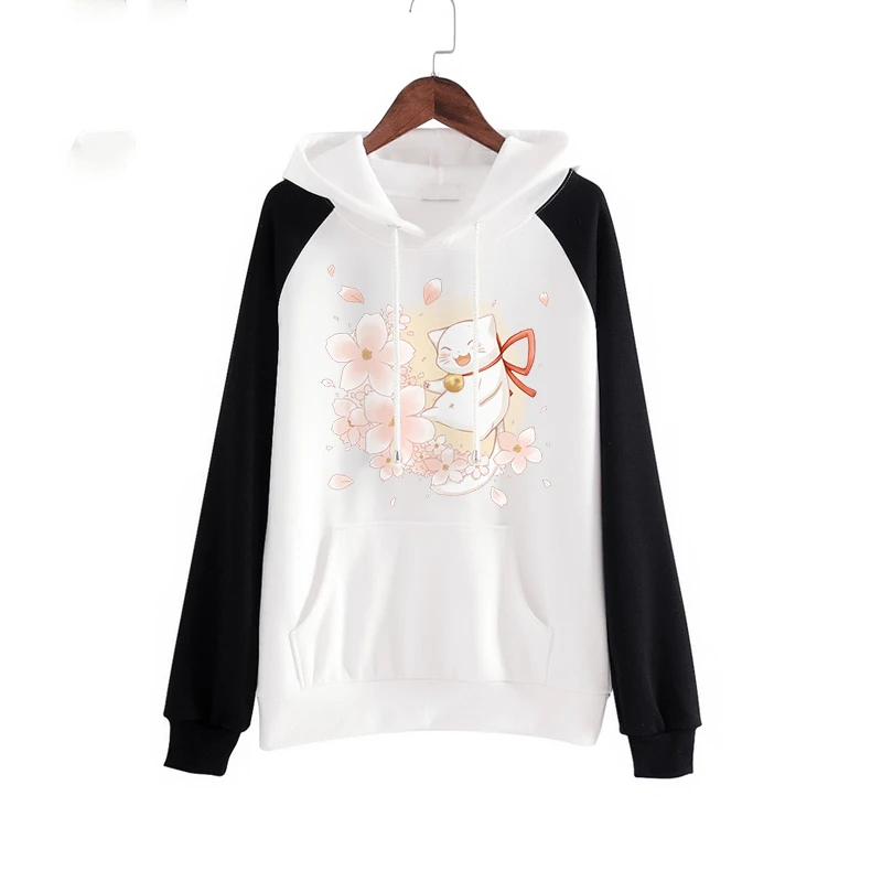 

2019 Autumn Winter Plus Size White Hoodies Women Harajuku Anime Cat Unisex Black Pullover Lovely Kawaii Comic Graphic Sweatshirt