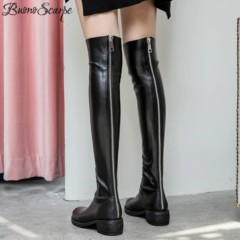

Buono Scarpe Zipper Over The Knee Long Boots Genuine leather Botas Mujer Fashion Brand Long Booties Female Leather Shoes Pleated