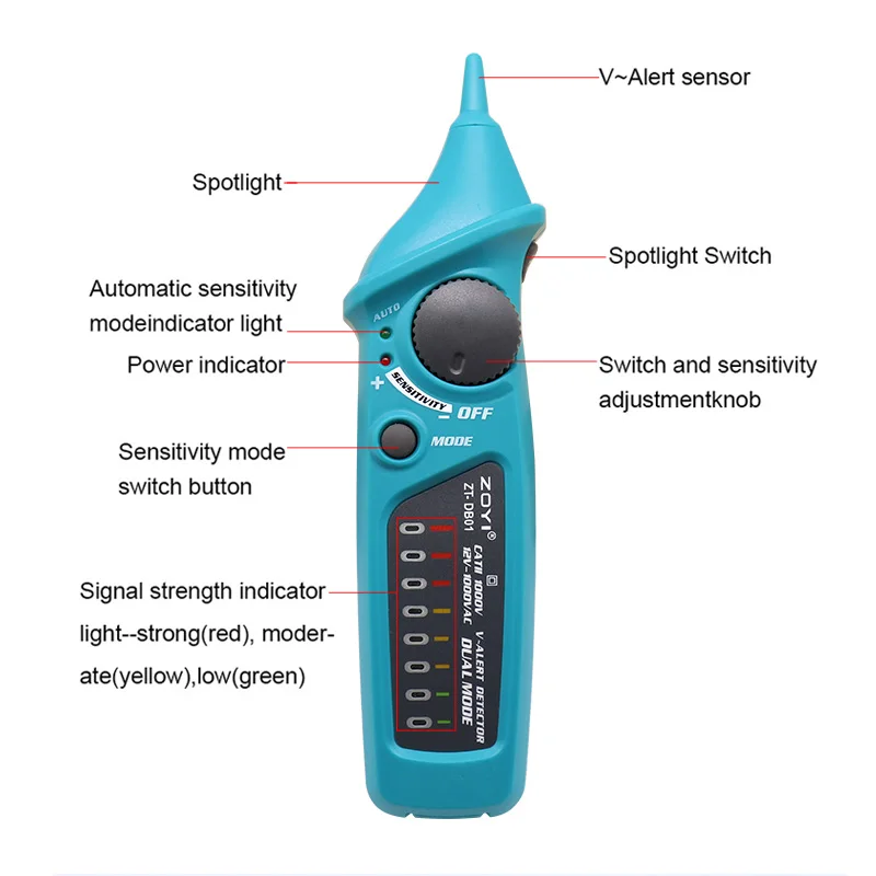 ZOYI ZT-DB01 Бесконтактный детектор напряжения переменного тока тестер напряжения ручка с светодиодный светильник индикатор напряжения 12-1000 В Регулируемая чувствительность