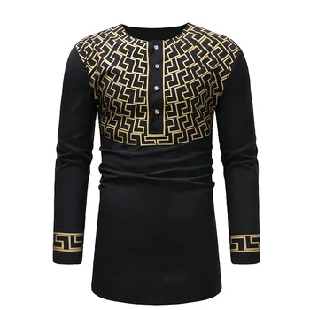 

Adult Men Black Golden Geo Print Dashiki Print Top Shirt Screw O-Neck 1/2 Button Long Shirt African Wear Tunic For Men M-3XL