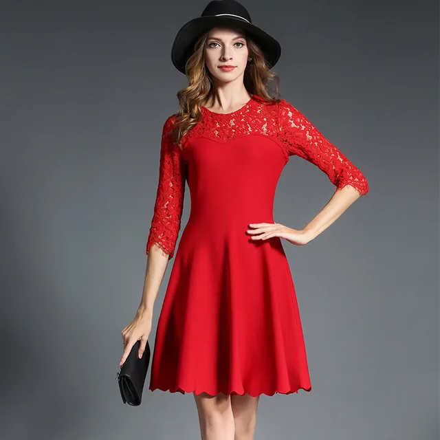 New Designer Women's Dress Hollow Out Lace Patchwork Knitted 3/4 Sleeve A-Line Rockabilly Black Red Sweater Dress Pullovers
