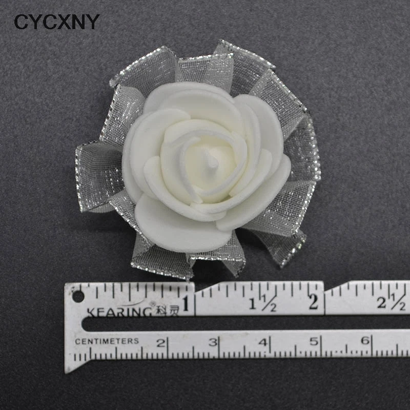 50pcs 4cm Gold Lace White Roses Artificial Rose Flowers DIY Scrapbooking Craft Gift Accessories Wreath Home Wedding Decor - Image 2