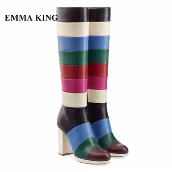 

2018 Design Rainbow Colorful Knee High Boots Patchwork Round Toe Chunky Heels Gladiator Boots Runway High Heel Dress Shoes Women