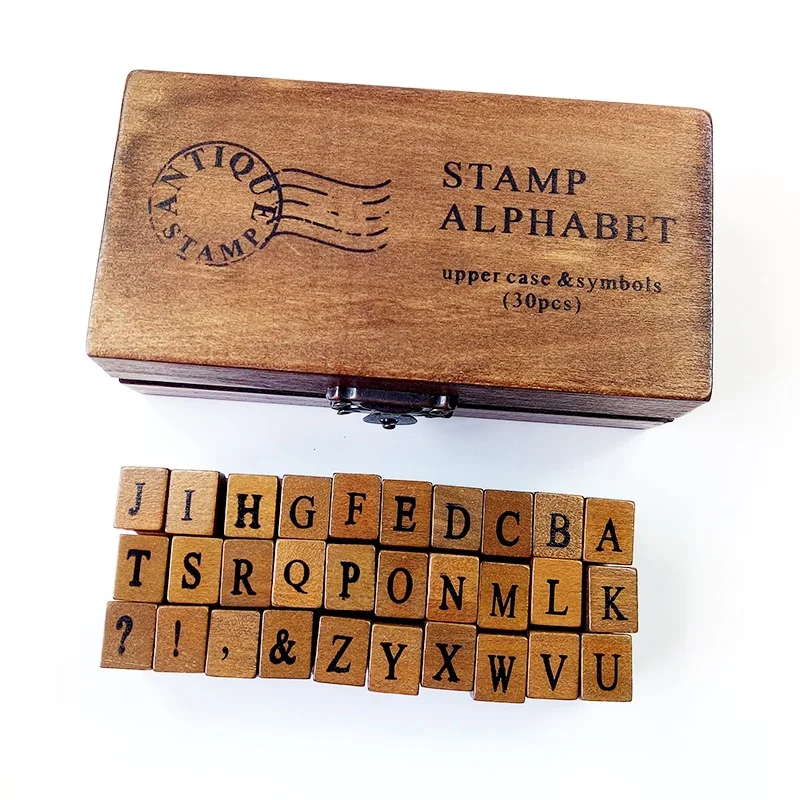 

30pcs/set Vintage Wooden Craft Box Alphabet Letter Stamp Romantic Design Uppercase&Lowercase Letter Retro Rubber Stamp Set