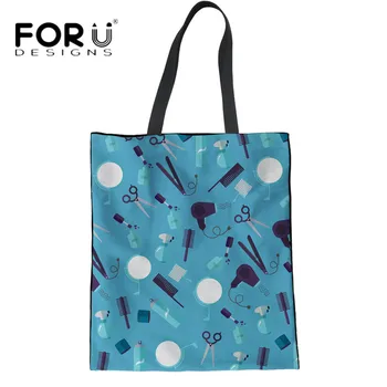 

FORUDESIGNS Casual Women Shopping Linen Bags Cartoon Barber Print Ladies Multi-function Beach Handbags Teens Girls Eco Cloth Bag