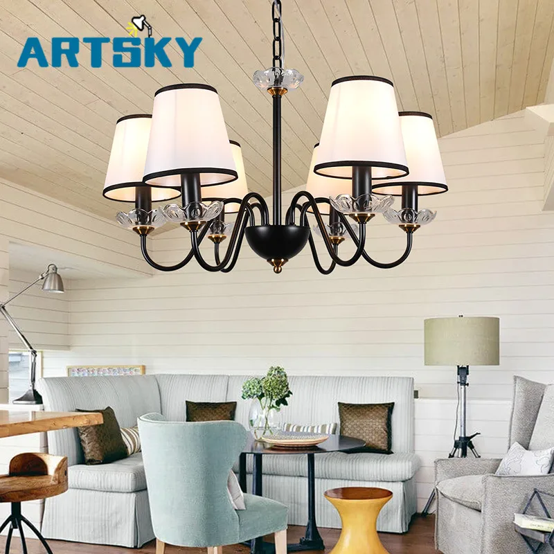 

LED Rustic American Style Linen Lampshade Chandelier For Bedroom Living Room Foyer Study Hotel Room