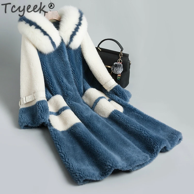 Hiver Mujer Réel Abrigo De Outwear Lwl1188 Manteau Chaud Tcyeek Veste Pardessus Des 2019 Tonte Fourrure Long Renard Moutons Femmes Blue nOkwP08X