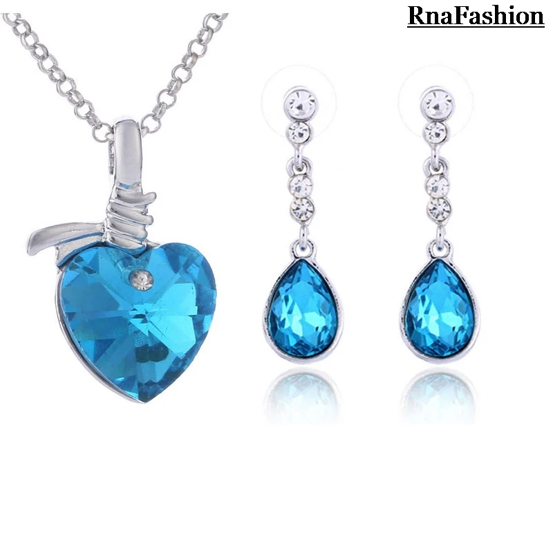 

New 2014 Wholesale Jewerly Sets Heart Crystal Pendant Necklace Made from crystal element & Water Drop Earring SIlver Plated