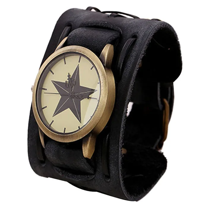 Стиль ретро панк Рок коричневый большой широкий кожаный браслет манжета мужские часы классные