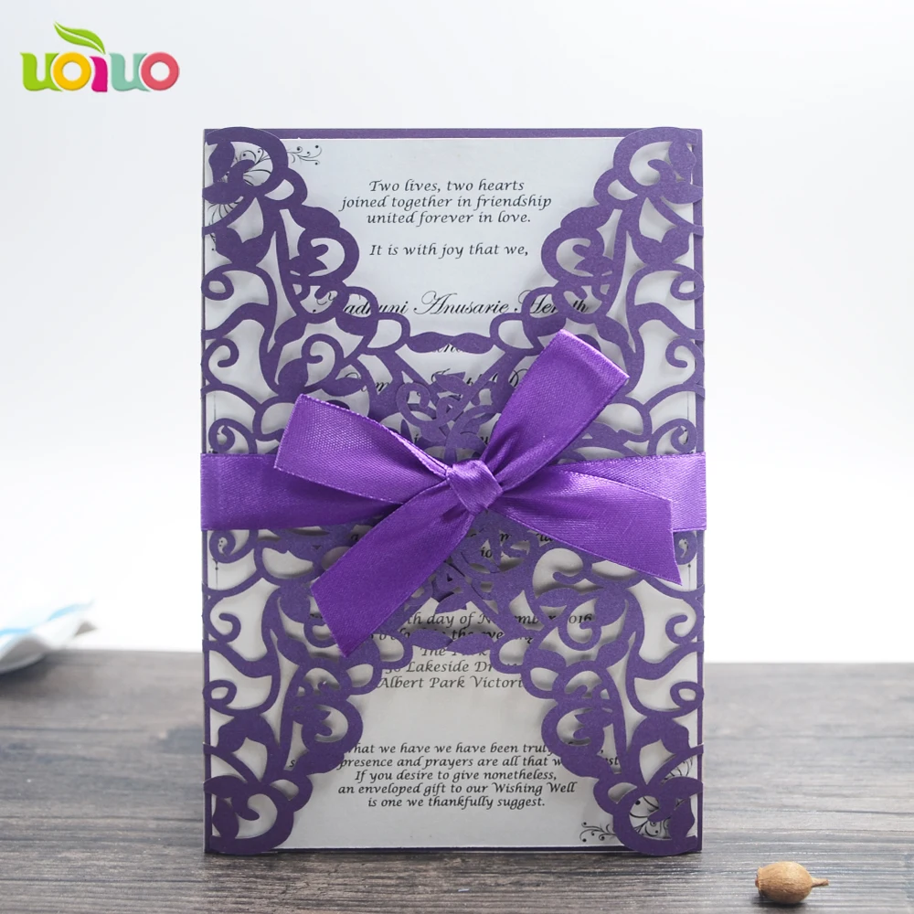 

free shipping 50set inc147 Sample Purple Laser Cut Hollow Wedding Invitation Card can Customized Printing & Ribbon Envelopes