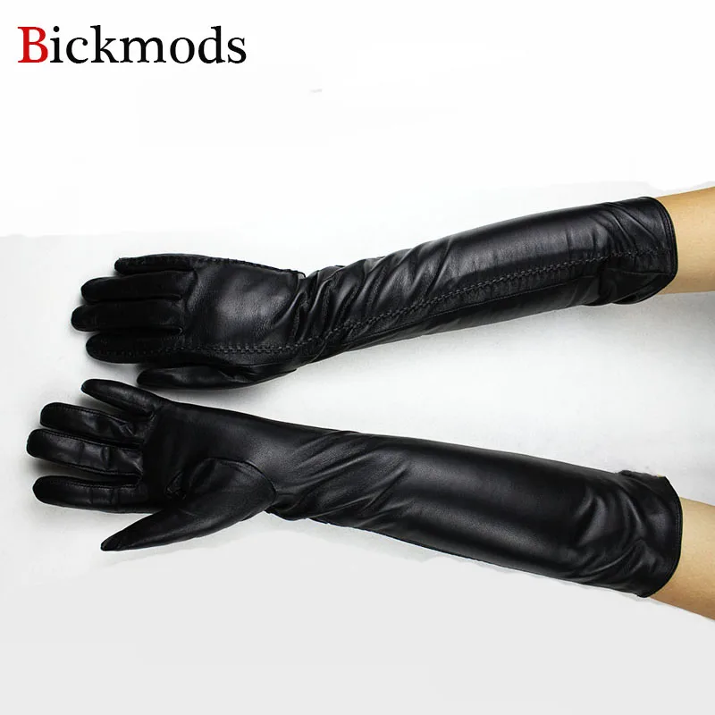 

Long leather gloves women striped style over elbow sheepskin gloves velvet lining warm autumn and winter arm shields free shippi