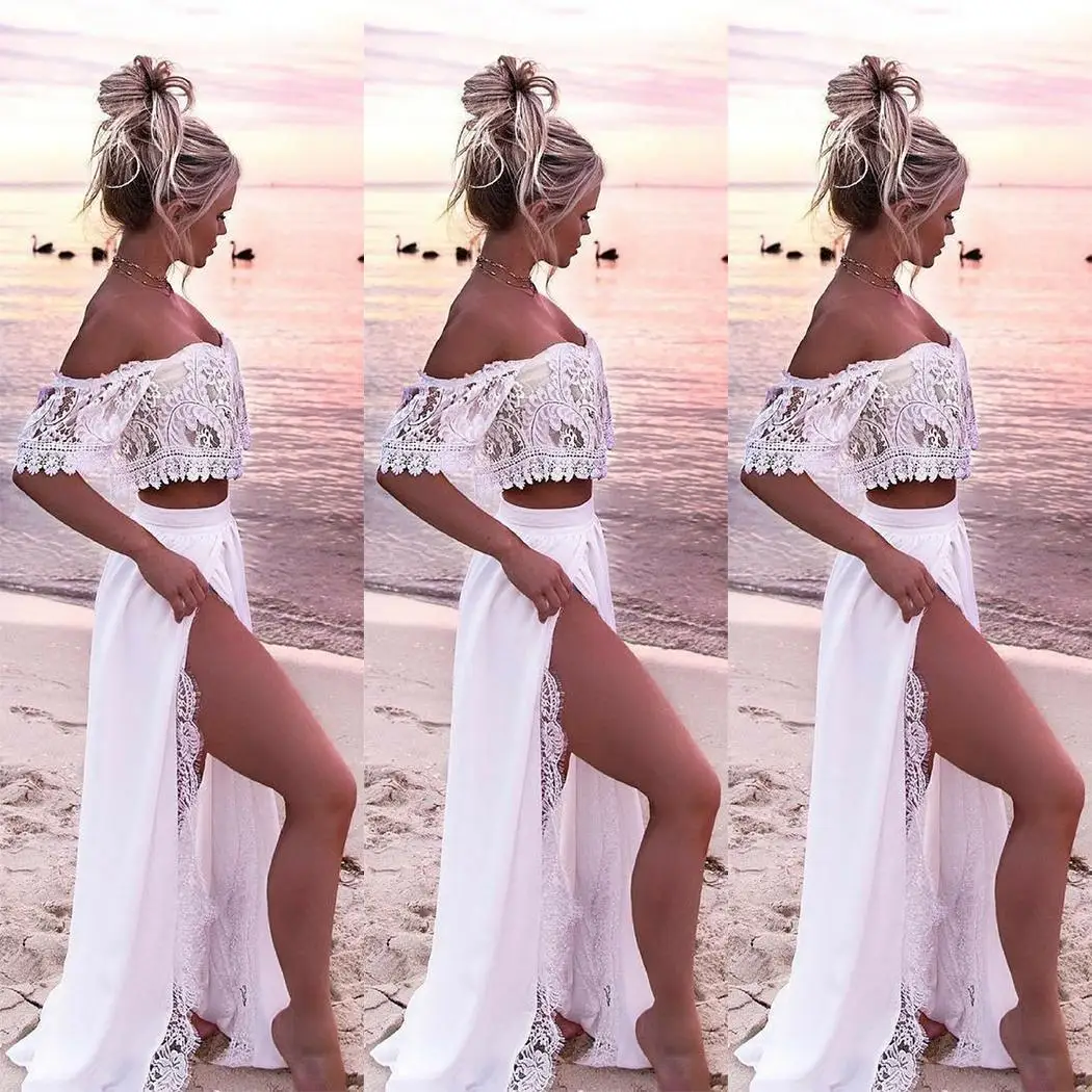 Женская Повседневная Кружевная летняя юбка с коротким рукавом и коротким рукавом в пол с цветочным принтом, белая повседневная юбка из двух предметов, пляжная юбка