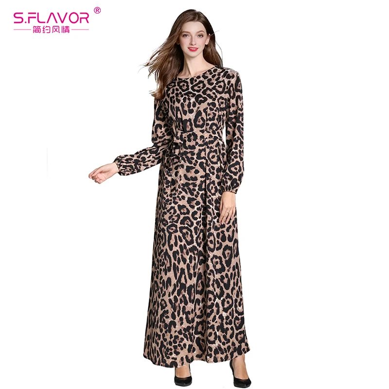 

S.FLAVOR 2019 Fashion Women O Neck Long-sleeve Leopard Dress Big Code Fit and Flare A Line Dress Autumn Winter Long Dresses