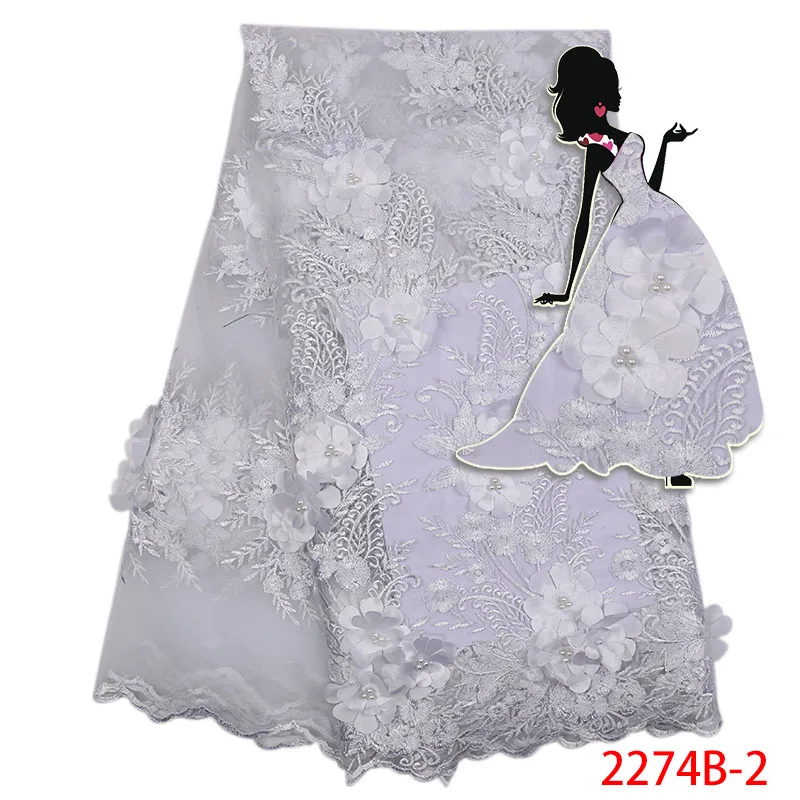 

3D Flower French Lace Fabric White Lace Fabric For Wedding Dress High Quality Nigerian Bead Tulle Mesh Lace Fabric QF2274B-2