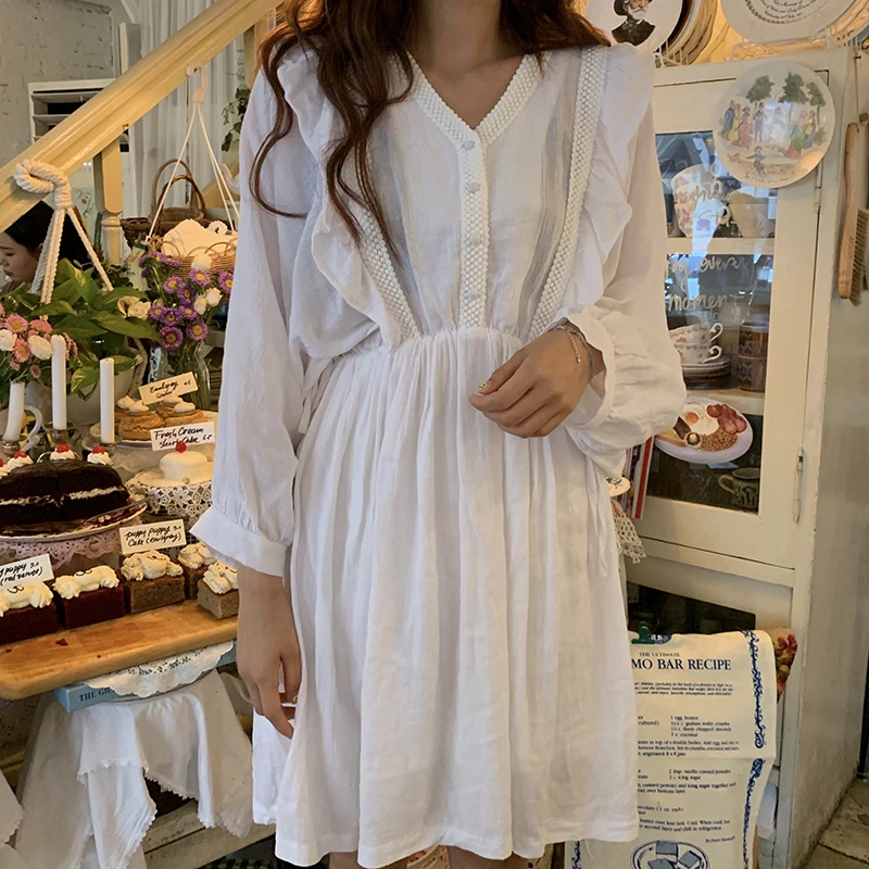 

Spring and autumn style v-neck lantern sleeve wrist a-line white sweet knee-length dress summer fashion brand Women's Clothing