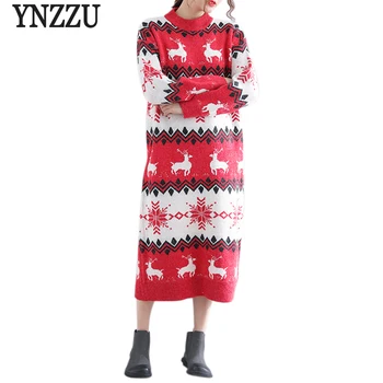 

YNZZU 2018 New Winter Red Christmas Sweater Dress Women Casual Print Loose Knitted Warm Oversized Winter Long Dress YD220